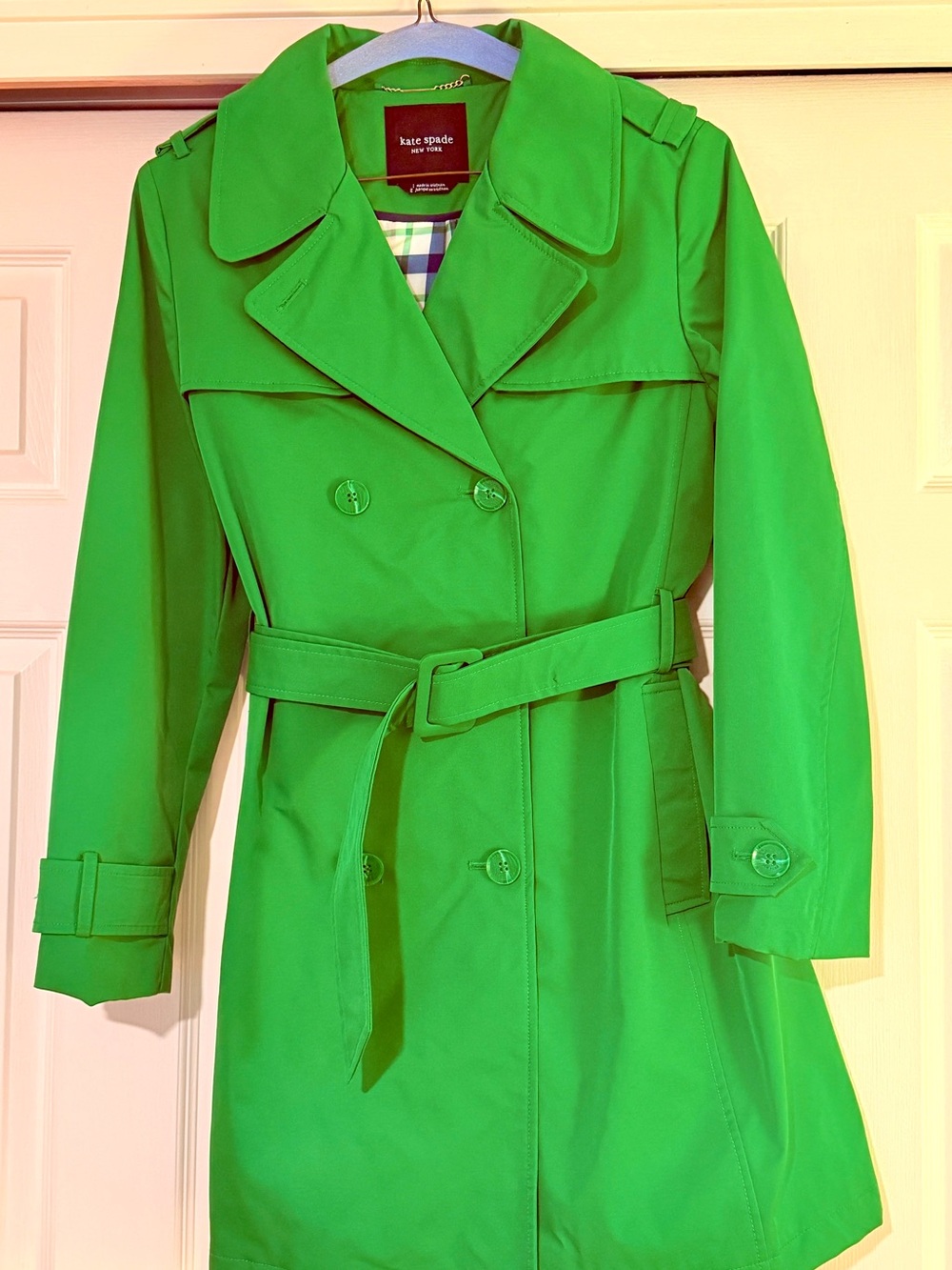 Kate Spade ♠️ Bright Green Double-Breasted Trench Coat with Belt